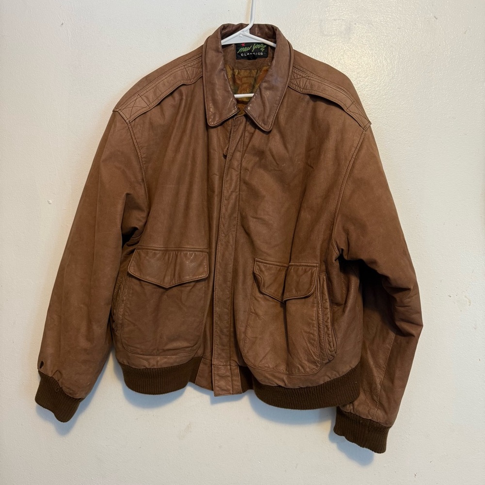 New York Classic Leather Men's Brown Bomber Jacket Size Large‎ Full Zip